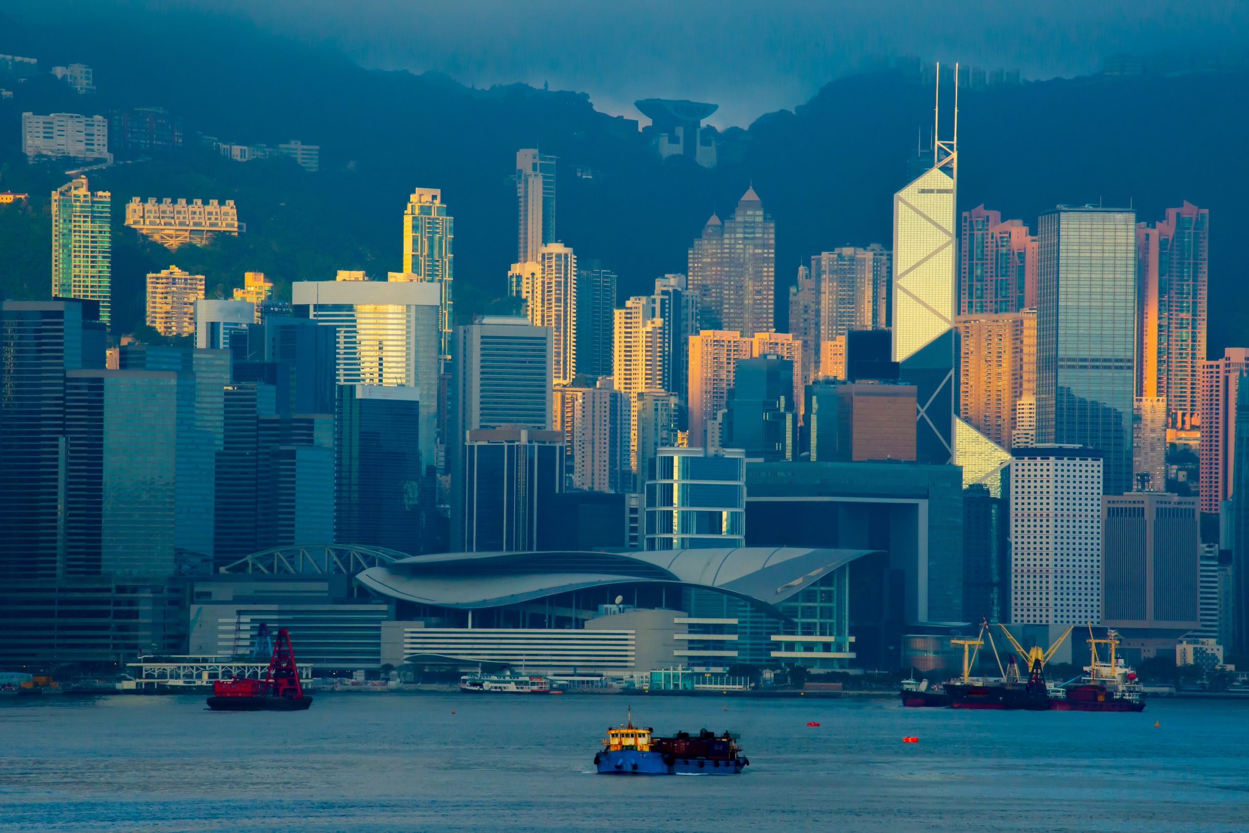 Skyline, hong kong bay, large cargo port in Asia China at sunrise